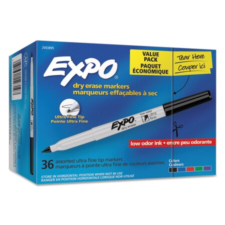 Expo Low-Odor Dry Erase Marker Pack, Extra-Fine Needle Tip, Assorted, PK36 2003895
